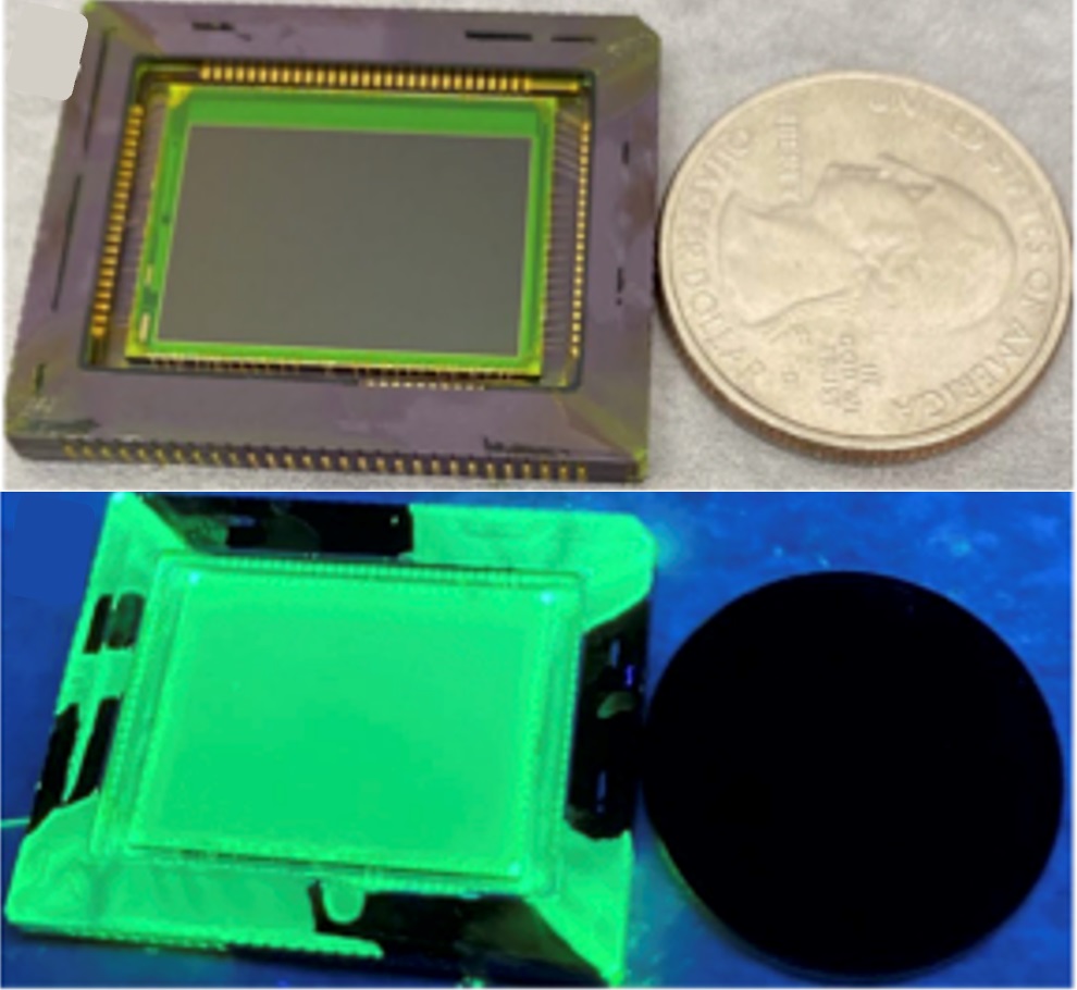 Imagen: El sensor de imágenes UV comparado con una moneda de 25 centavos de EUA (Fotografía cortesía de la Universidad de Illinois Urbana-Champaign)